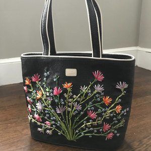 LULU GUINNESS BLACK EMBROIDERED FLOWERS STRAW TOTE